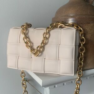 Melie Bianco Vegan Leather Shoulder Bag Beige gold chain woven classic elegant